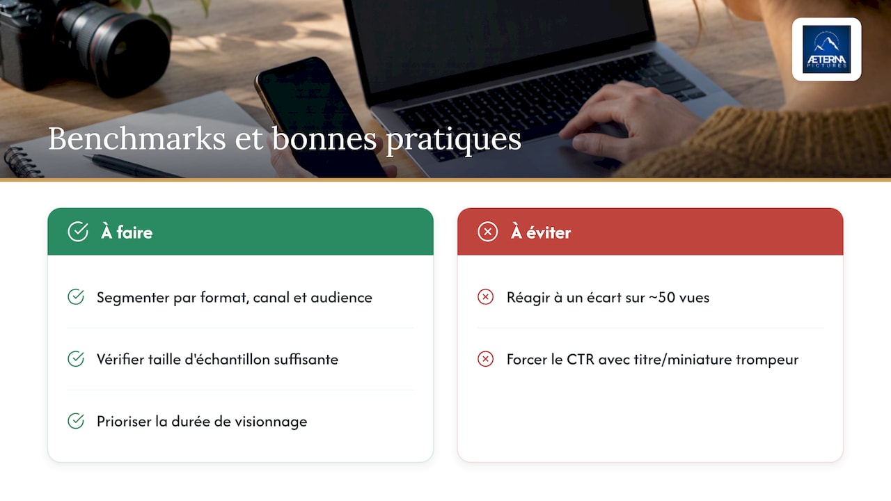 Benchmarks pratiques : CTR, taux d'achèvement, rétention — overview diagram