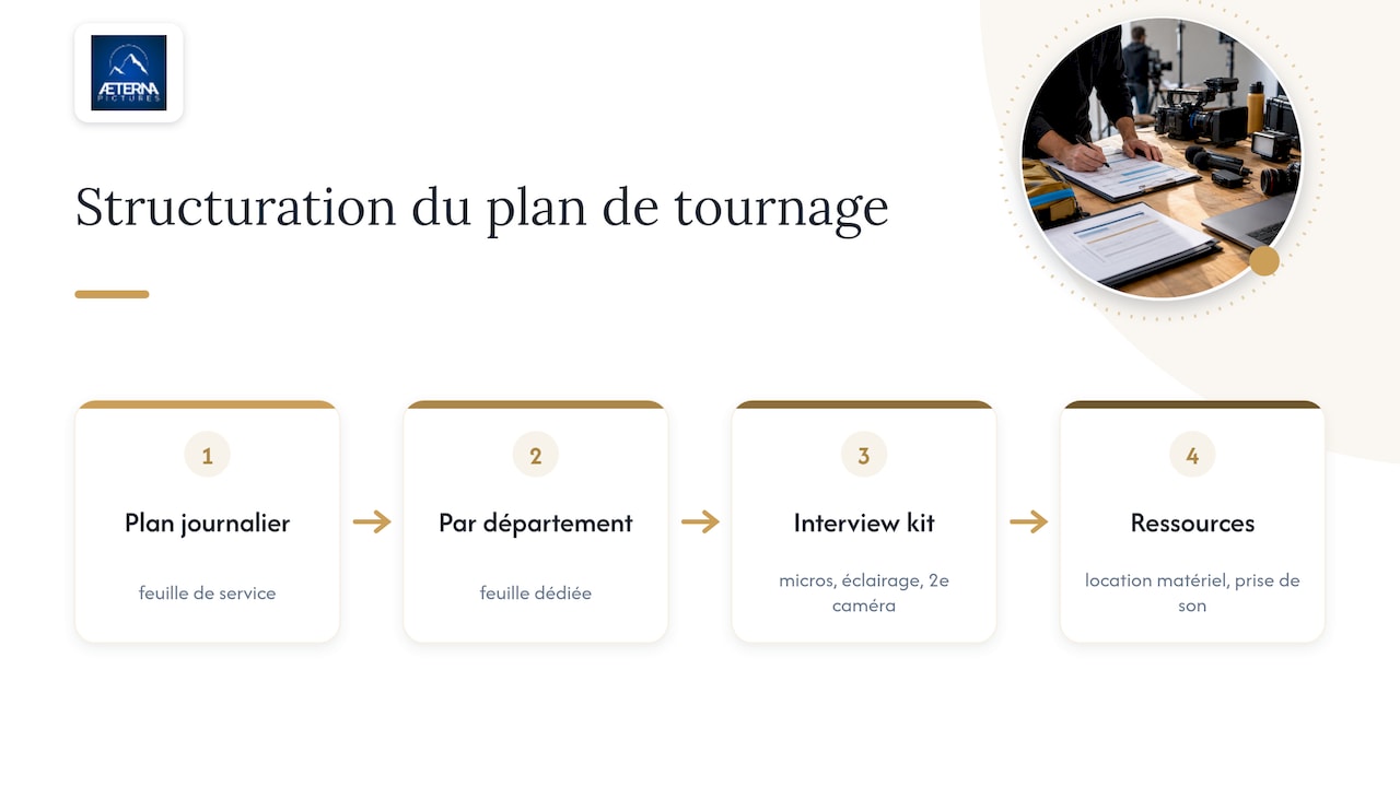 Comment nous structurons un plan de tournage chez Æterna Pictures — overview diagram