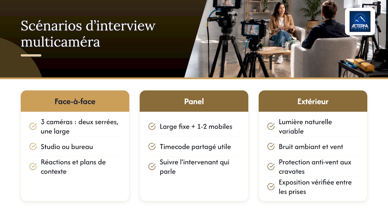 Exemples concrets de scénarios d'interviews multicaméra — overview diagram