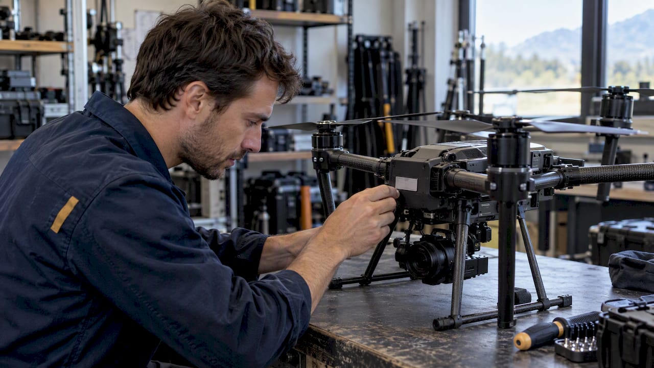 Technicien contrôlant le marquage d’un drone